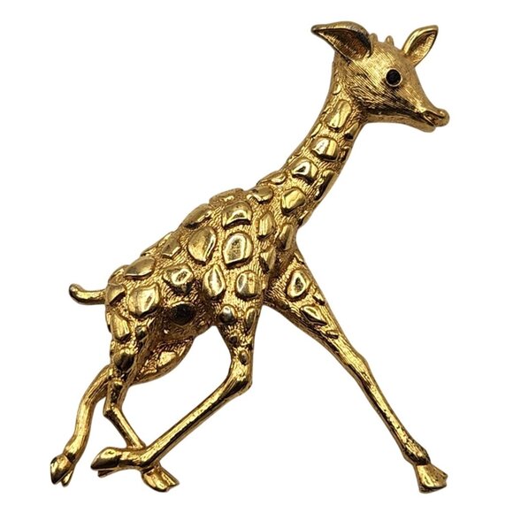 Monet Jewelry - Vtg Monet Baby Giraffe Brooch Gold Tone Textured Running Figural Pin Rhinestone